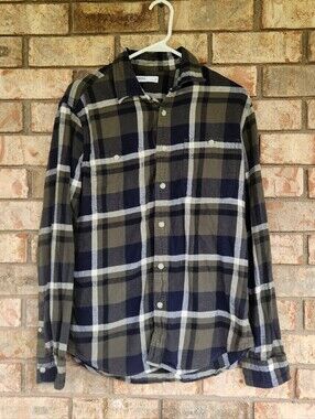Men's Small Olive and Navy Plaid Button-Down Shirt